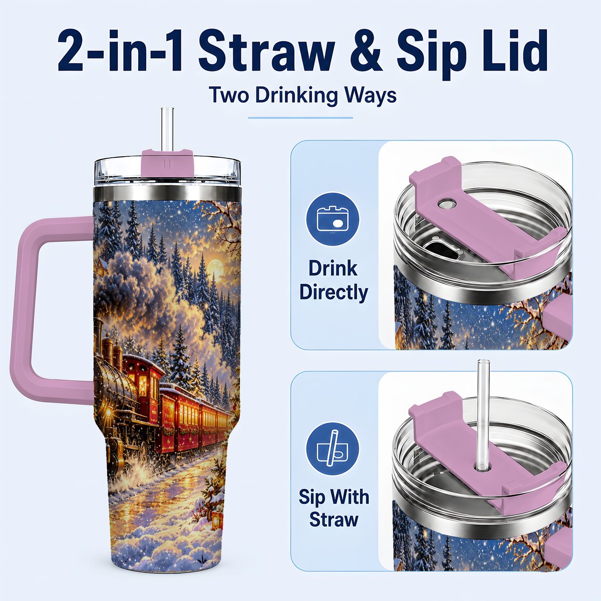 #pl[40oz|Pink] Christmas Train 40oz Tumbler with Handle, Snowy Steam Engine