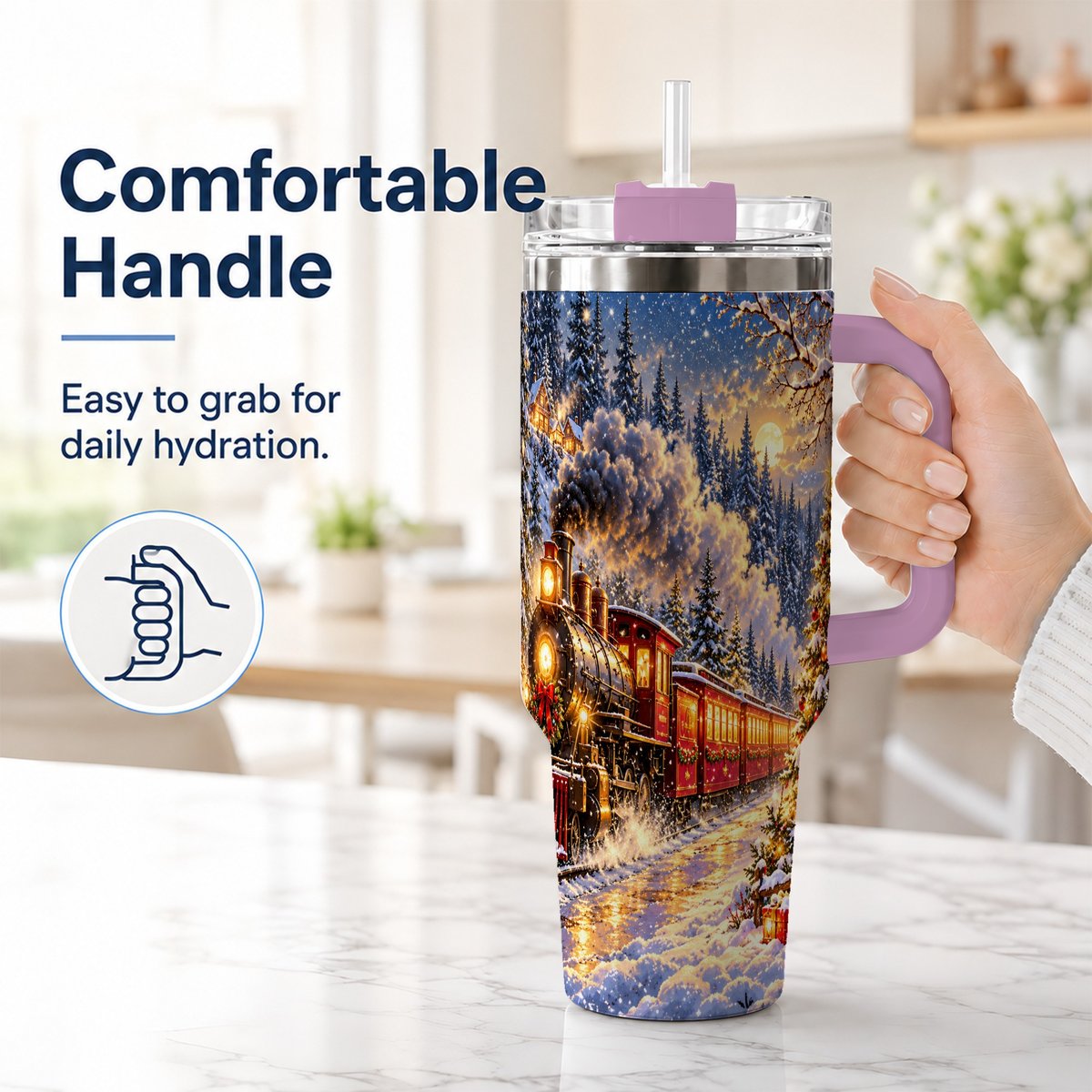 #pl[40oz|Pink] Christmas Train 40oz Tumbler with Handle, Snowy Steam Engine