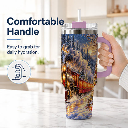 #pl[40oz|Pink] Christmas Train 40oz Tumbler with Handle, Snowy Steam Engine
