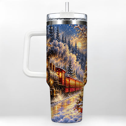 Christmas Train 40oz Tumbler with Handle, Snowy Steam Engine