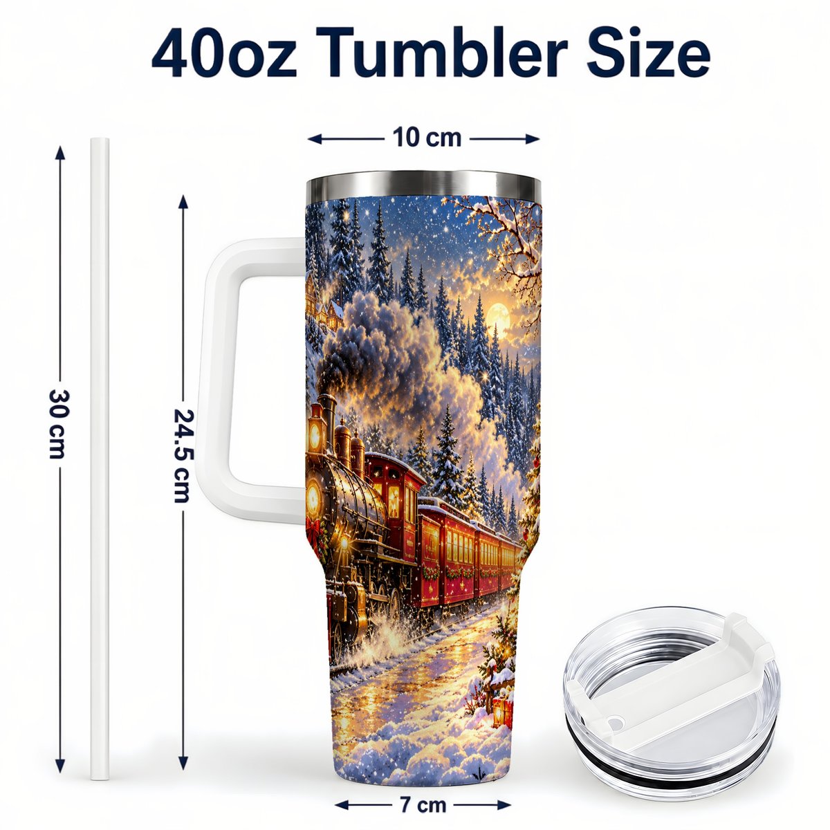#pl[40oz|White] Christmas Train 40oz Tumbler with Handle, Snowy Steam Engine
