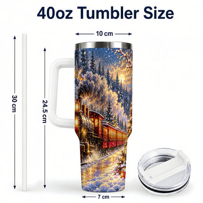 #pl[40oz|White] Christmas Train 40oz Tumbler with Handle, Snowy Steam Engine