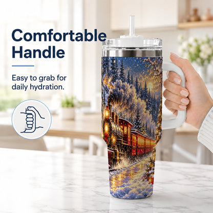 #pl[40oz|White] Christmas Train 40oz Tumbler with Handle, Snowy Steam Engine