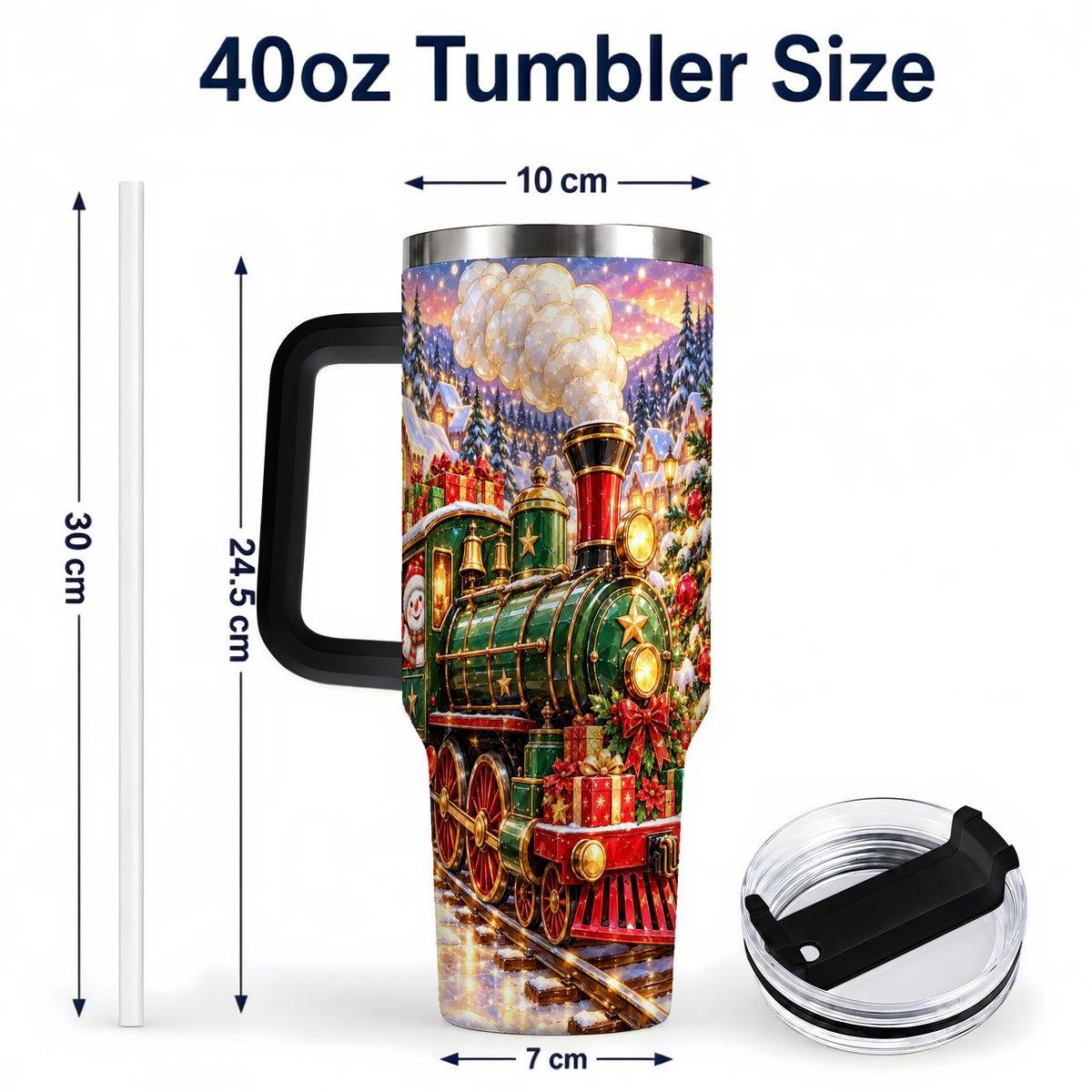#pl[40oz|Black] Christmas Train 40oz Tumbler with Handle, Snowman Holiday Scene