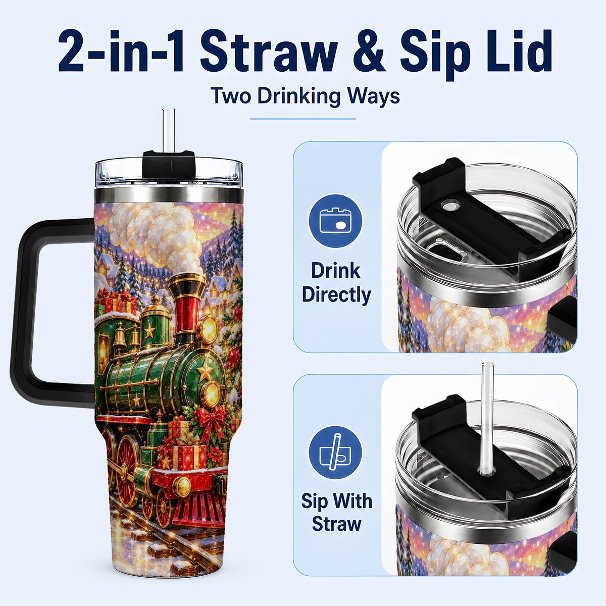 #pl[40oz|Black] Christmas Train 40oz Tumbler with Handle, Snowman Holiday Scene
