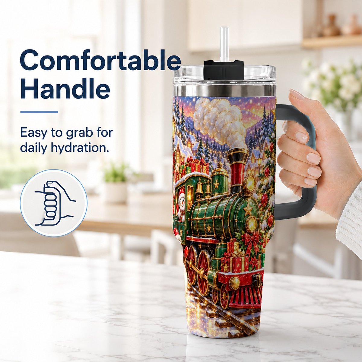 #pl[40oz|Black] Christmas Train 40oz Tumbler with Handle, Snowman Holiday Scene
