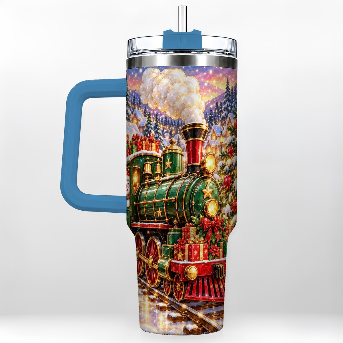 #pl[40oz|Blue] Christmas Train 40oz Tumbler with Handle, Snowman Holiday Scene