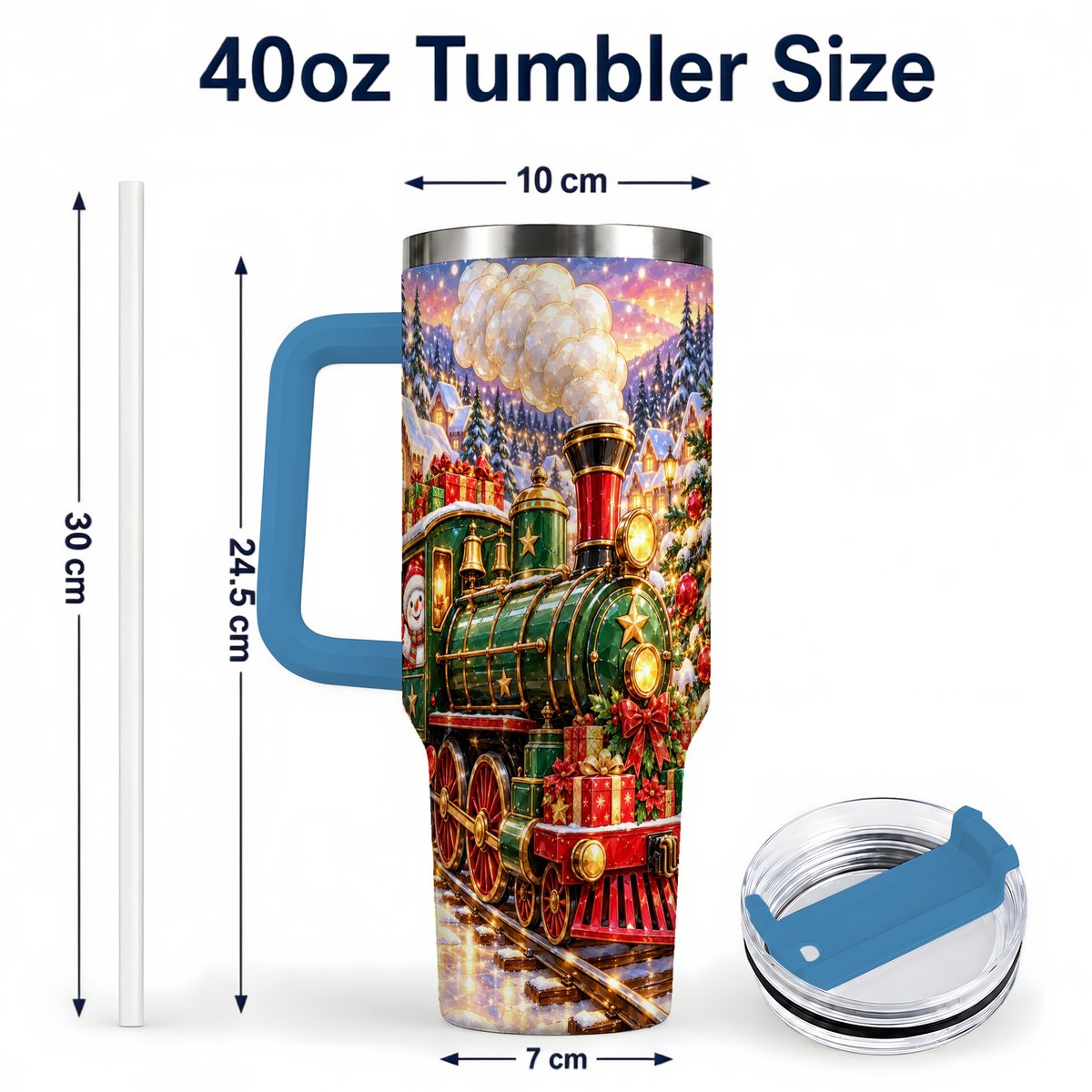 #pl[40oz|Blue] Christmas Train 40oz Tumbler with Handle, Snowman Holiday Scene