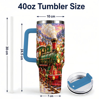 #pl[40oz|Blue] Christmas Train 40oz Tumbler with Handle, Snowman Holiday Scene