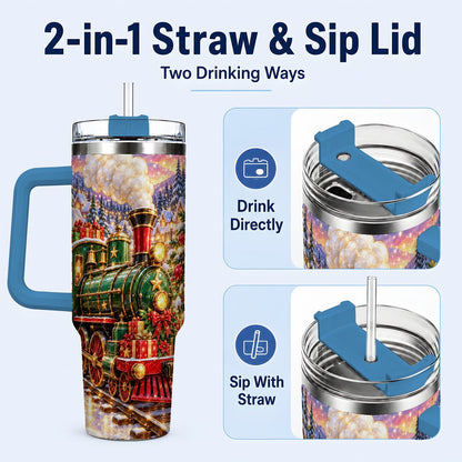 #pl[40oz|Blue] Christmas Train 40oz Tumbler with Handle, Snowman Holiday Scene