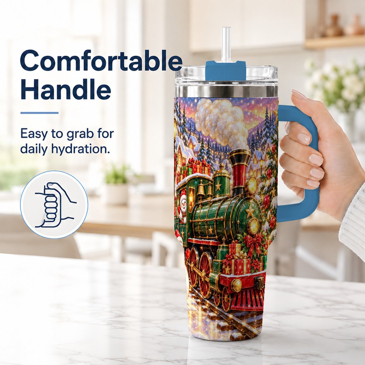 #pl[40oz|Blue] Christmas Train 40oz Tumbler with Handle, Snowman Holiday Scene