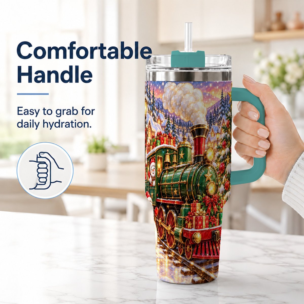 #pl[40oz|Green] Christmas Train 40oz Tumbler with Handle, Snowman Holiday Scene