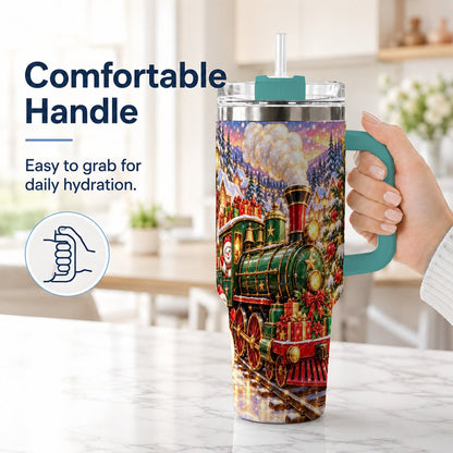 #pl[40oz|Green] Christmas Train 40oz Tumbler with Handle, Snowman Holiday Scene