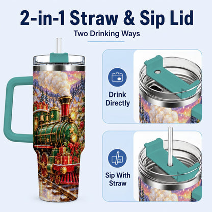 #pl[40oz|Green] Christmas Train 40oz Tumbler with Handle, Snowman Holiday Scene