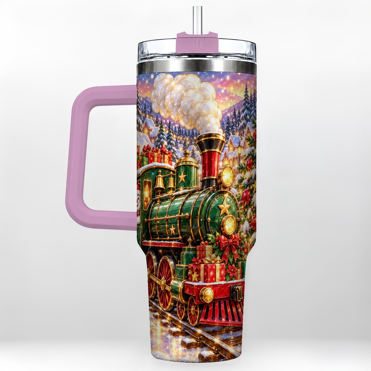 #pl[40oz|Pink] Christmas Train 40oz Tumbler with Handle, Snowman Holiday Scene