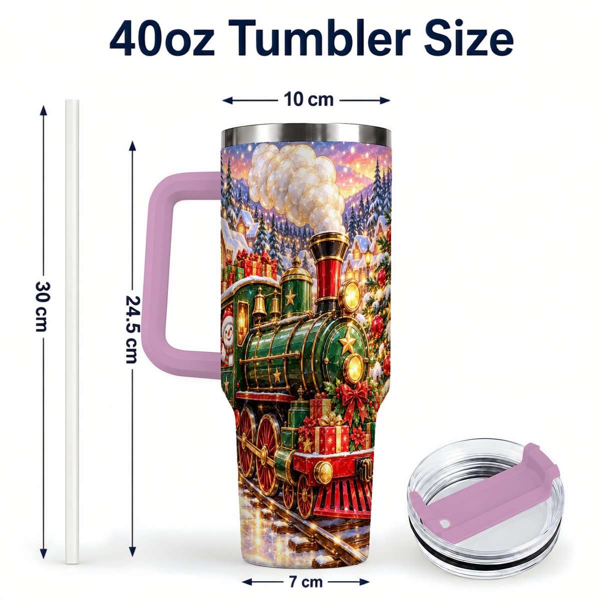 #pl[40oz|Pink] Christmas Train 40oz Tumbler with Handle, Snowman Holiday Scene