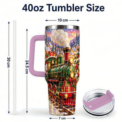 #pl[40oz|Pink] Christmas Train 40oz Tumbler with Handle, Snowman Holiday Scene