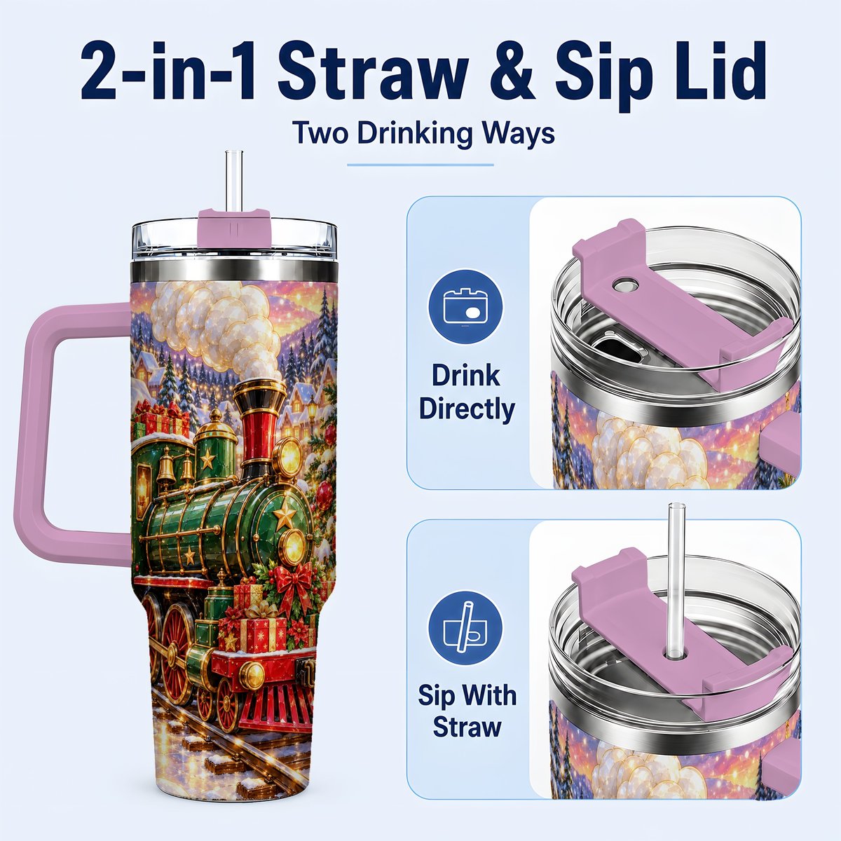 #pl[40oz|Pink] Christmas Train 40oz Tumbler with Handle, Snowman Holiday Scene