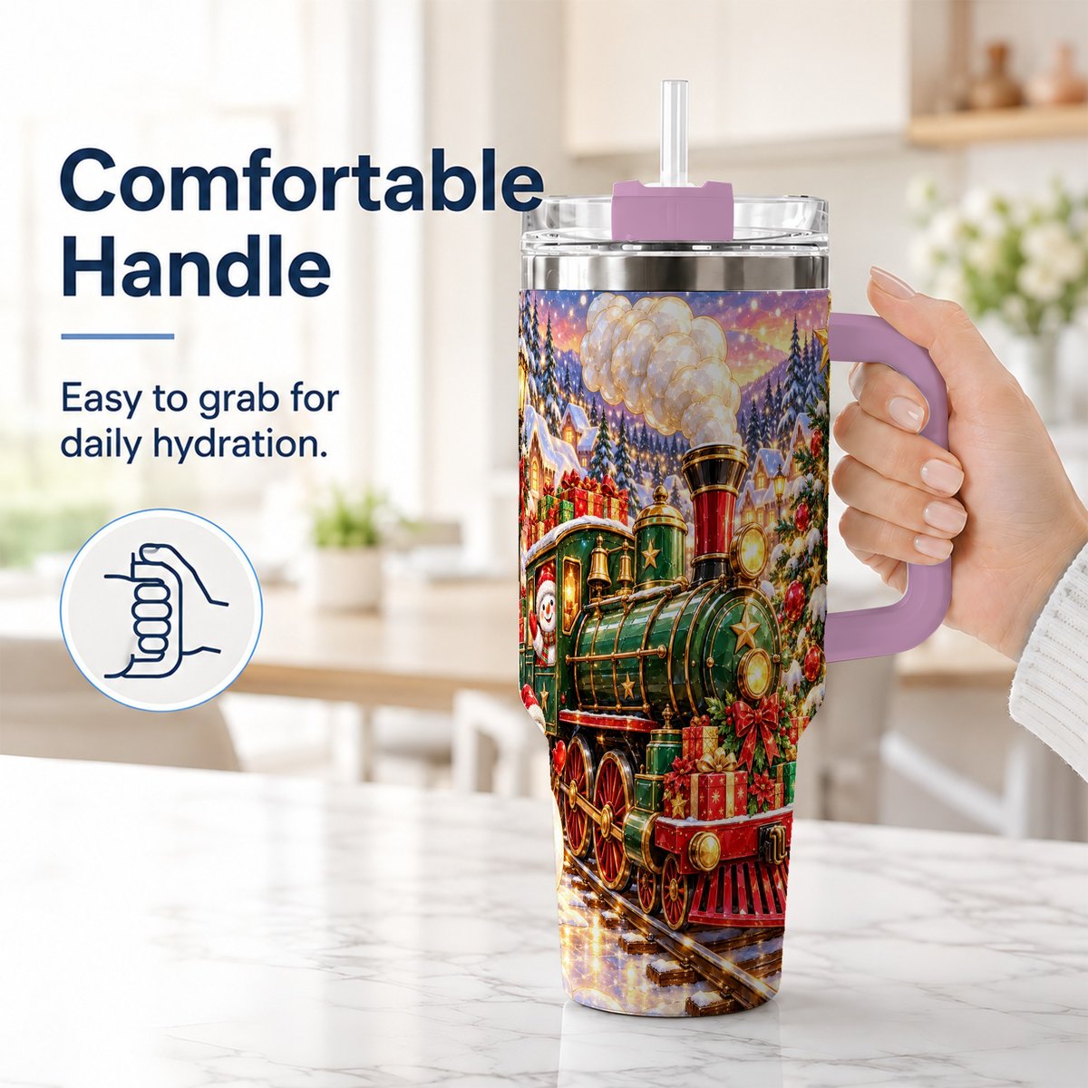 #pl[40oz|Pink] Christmas Train 40oz Tumbler with Handle, Snowman Holiday Scene