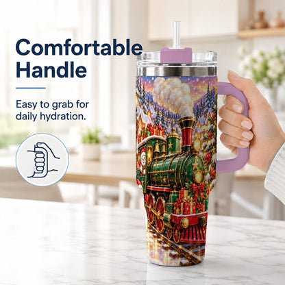 #pl[40oz|Pink] Christmas Train 40oz Tumbler with Handle, Snowman Holiday Scene