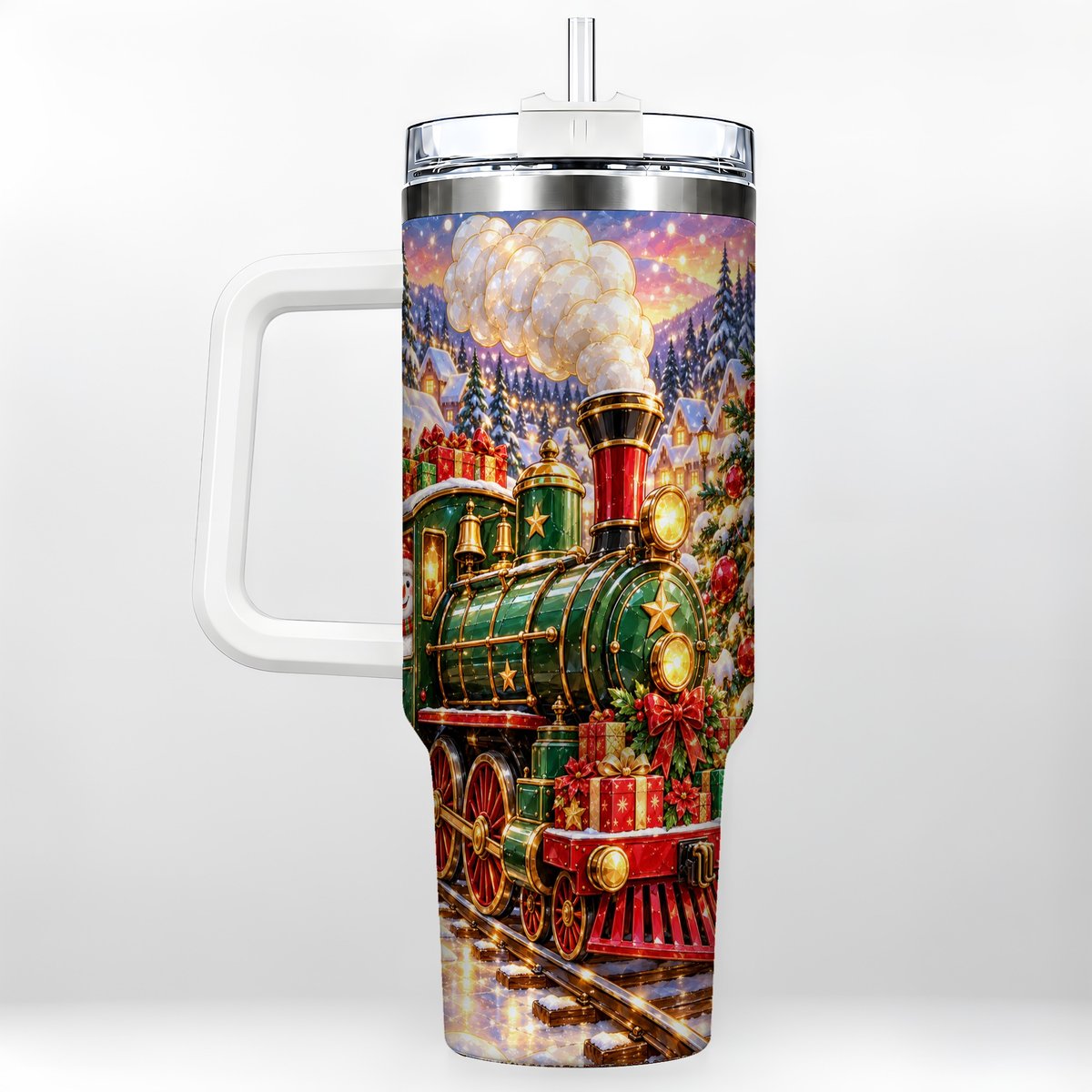 Christmas Train 40oz Tumbler with Handle, Snowman Holiday Scene