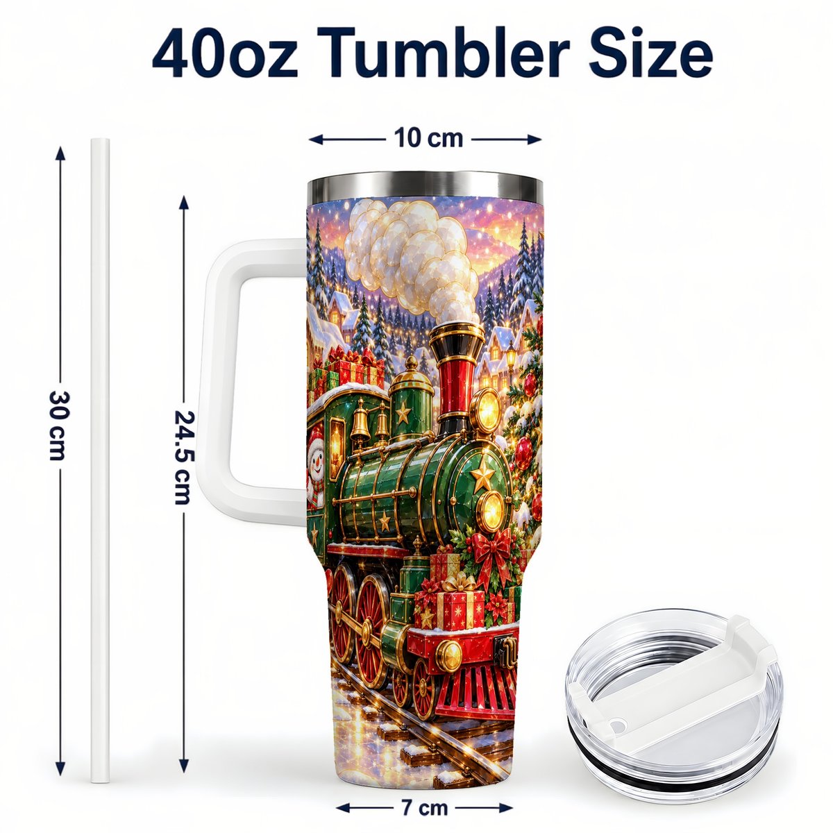 #pl[40oz|White] Christmas Train 40oz Tumbler with Handle, Snowman Holiday Scene