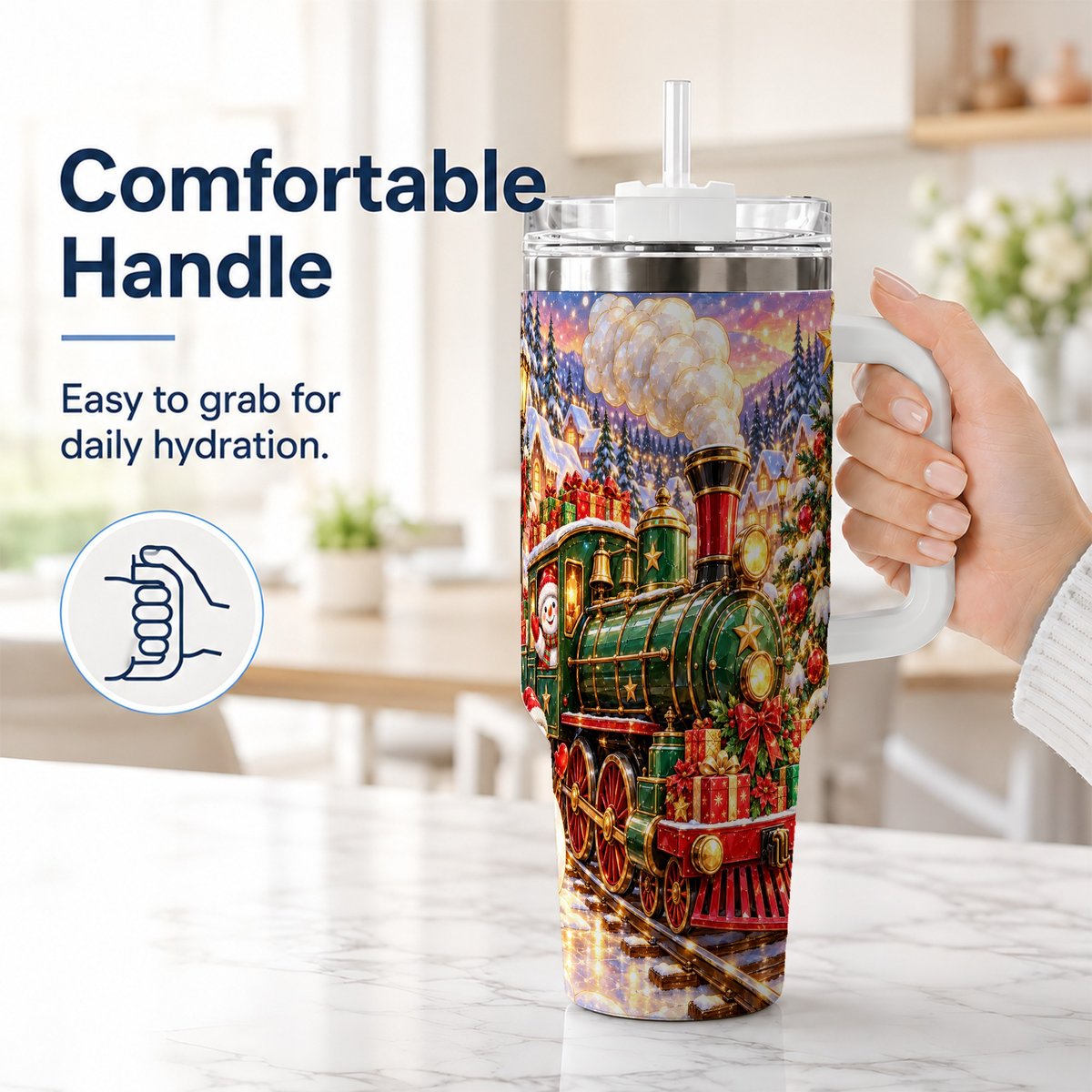 #pl[40oz|White] Christmas Train 40oz Tumbler with Handle, Snowman Holiday Scene