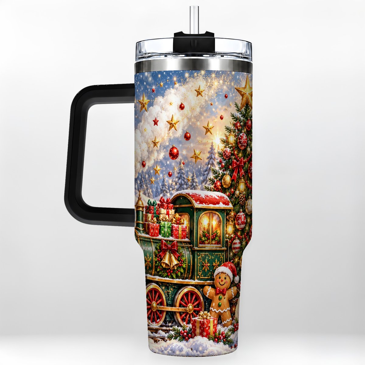 #pl[40oz|Black] Gingerbread Train 40oz Tumbler with Handle, Festive Winter Art
