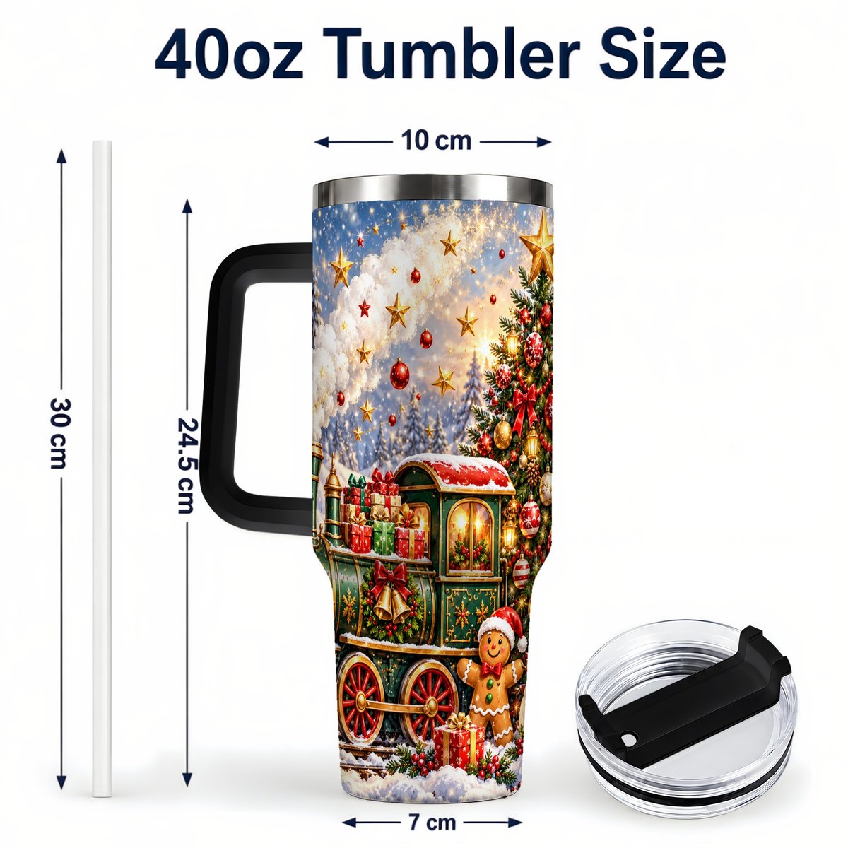 #pl[40oz|Black] Gingerbread Train 40oz Tumbler with Handle, Festive Winter Art