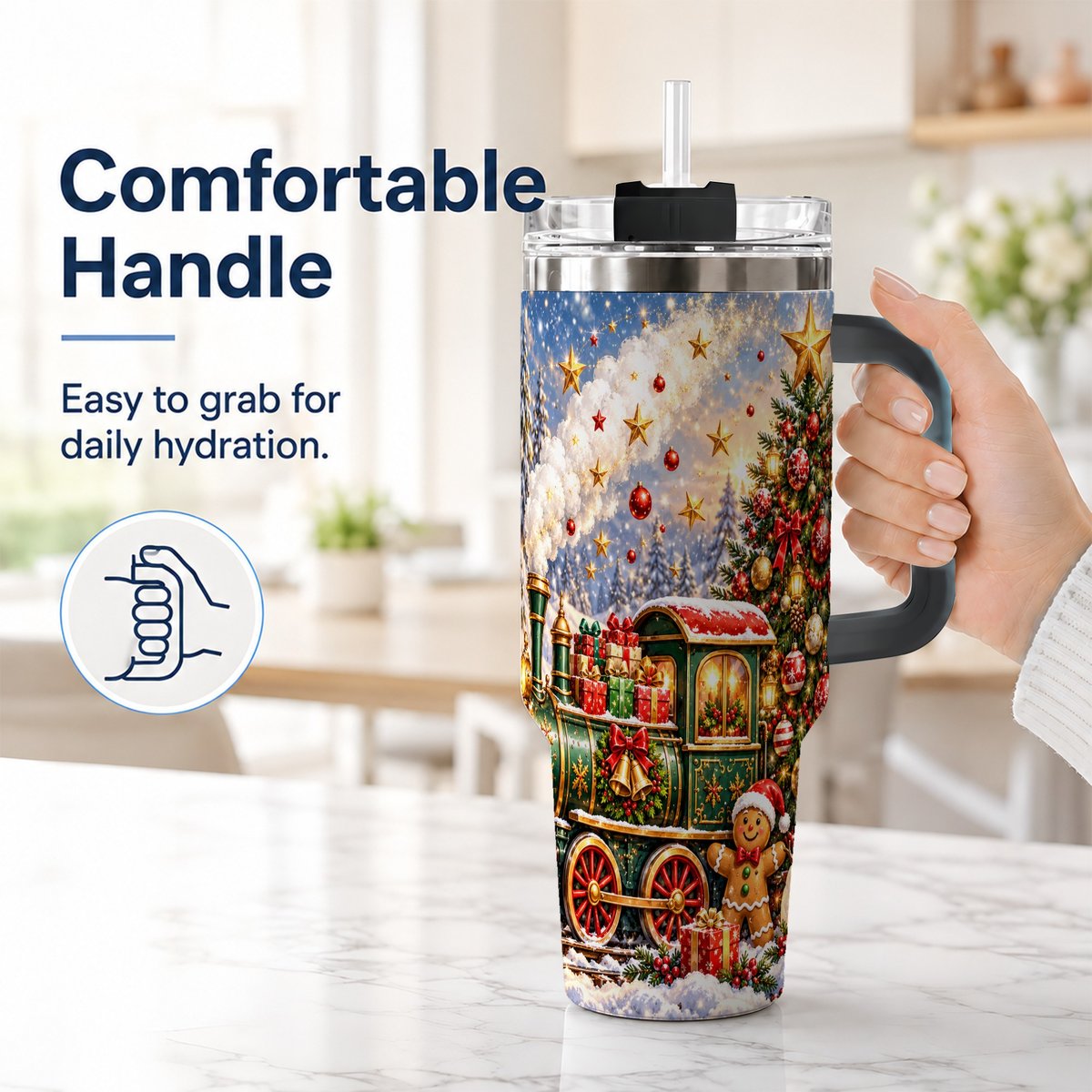 #pl[40oz|Black] Gingerbread Train 40oz Tumbler with Handle, Festive Winter Art