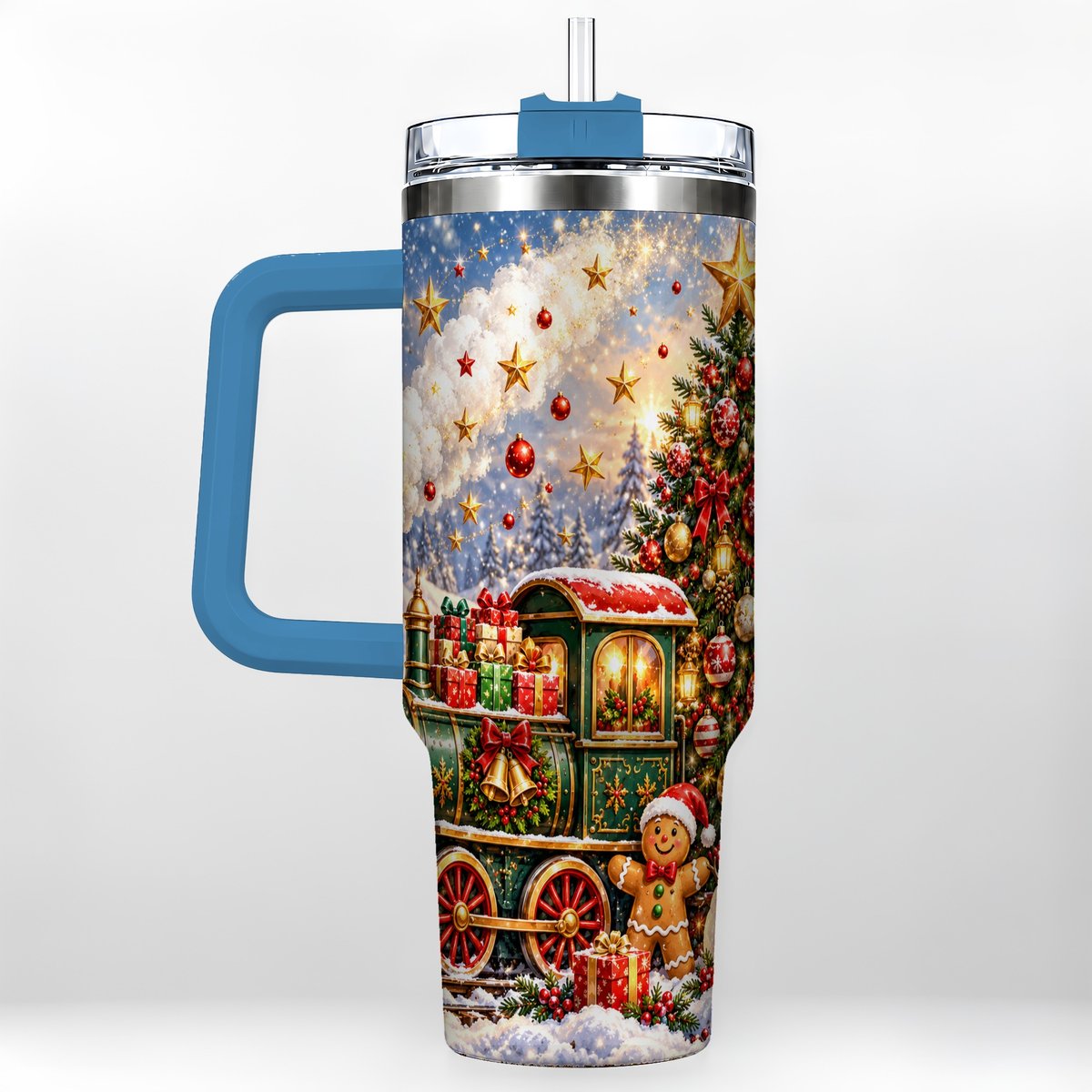 #pl[40oz|Blue] Gingerbread Train 40oz Tumbler with Handle, Festive Winter Art