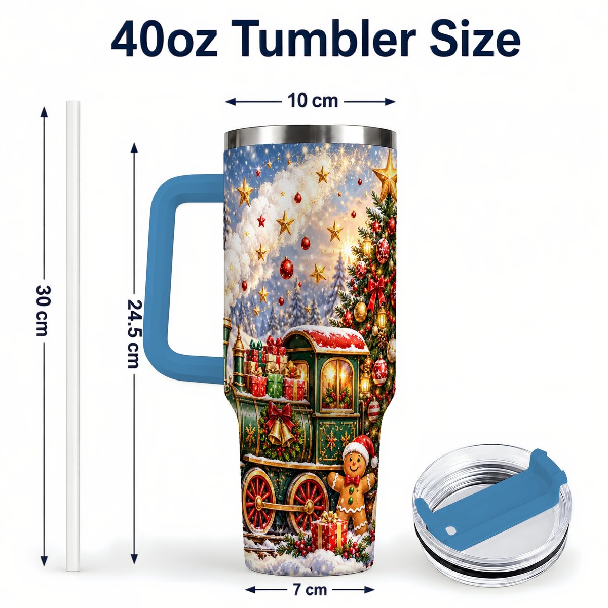 #pl[40oz|Blue] Gingerbread Train 40oz Tumbler with Handle, Festive Winter Art