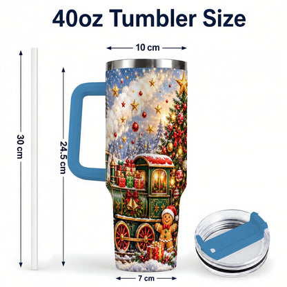 #pl[40oz|Blue] Gingerbread Train 40oz Tumbler with Handle, Festive Winter Art