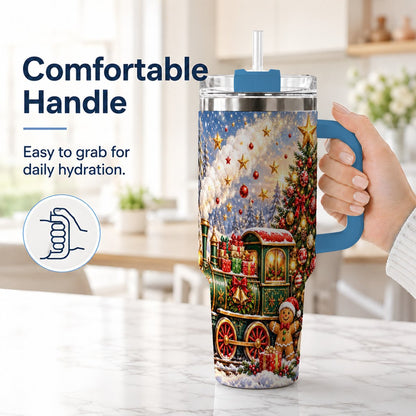#pl[40oz|Blue] Gingerbread Train 40oz Tumbler with Handle, Festive Winter Art