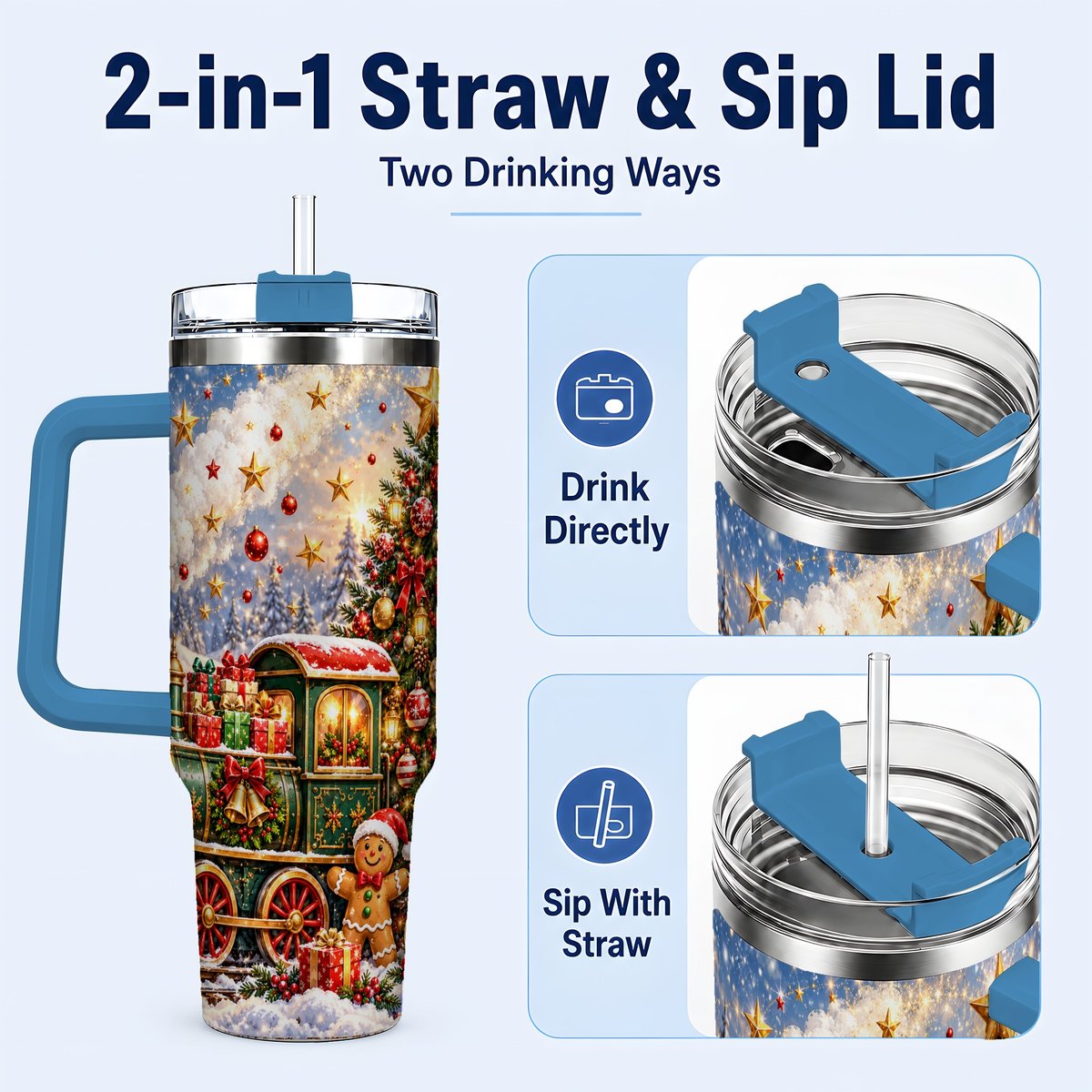 #pl[40oz|Blue] Gingerbread Train 40oz Tumbler with Handle, Festive Winter Art