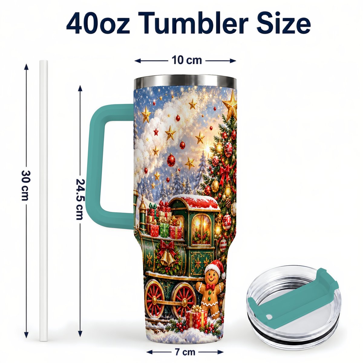 #pl[40oz|Green] Gingerbread Train 40oz Tumbler with Handle, Festive Winter Art