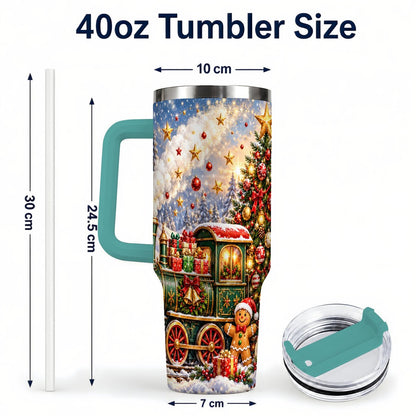 #pl[40oz|Green] Gingerbread Train 40oz Tumbler with Handle, Festive Winter Art