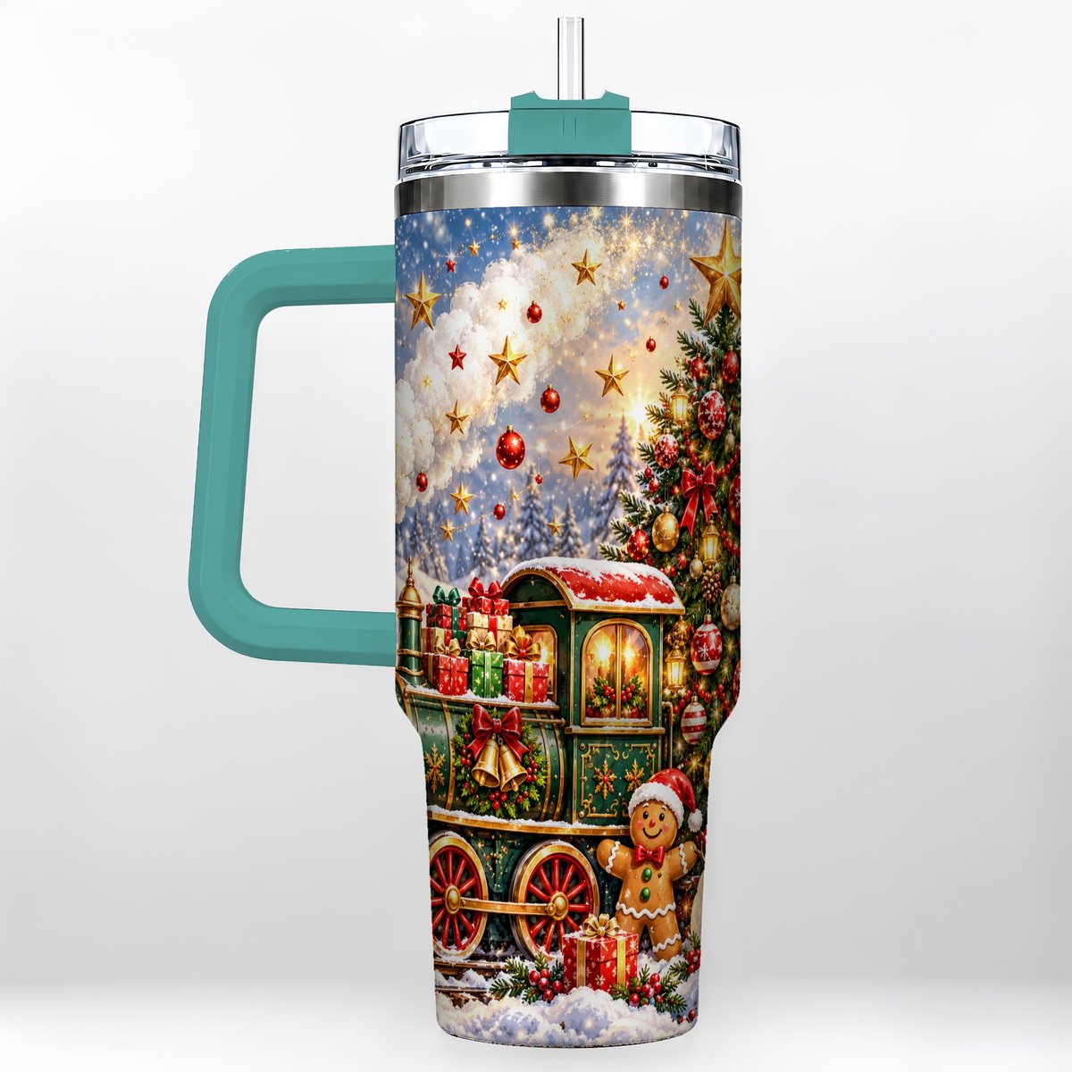 #pl[40oz|Green] Gingerbread Train 40oz Tumbler with Handle, Festive Winter Art