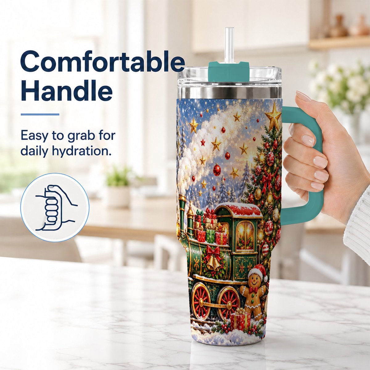 #pl[40oz|Green] Gingerbread Train 40oz Tumbler with Handle, Festive Winter Art