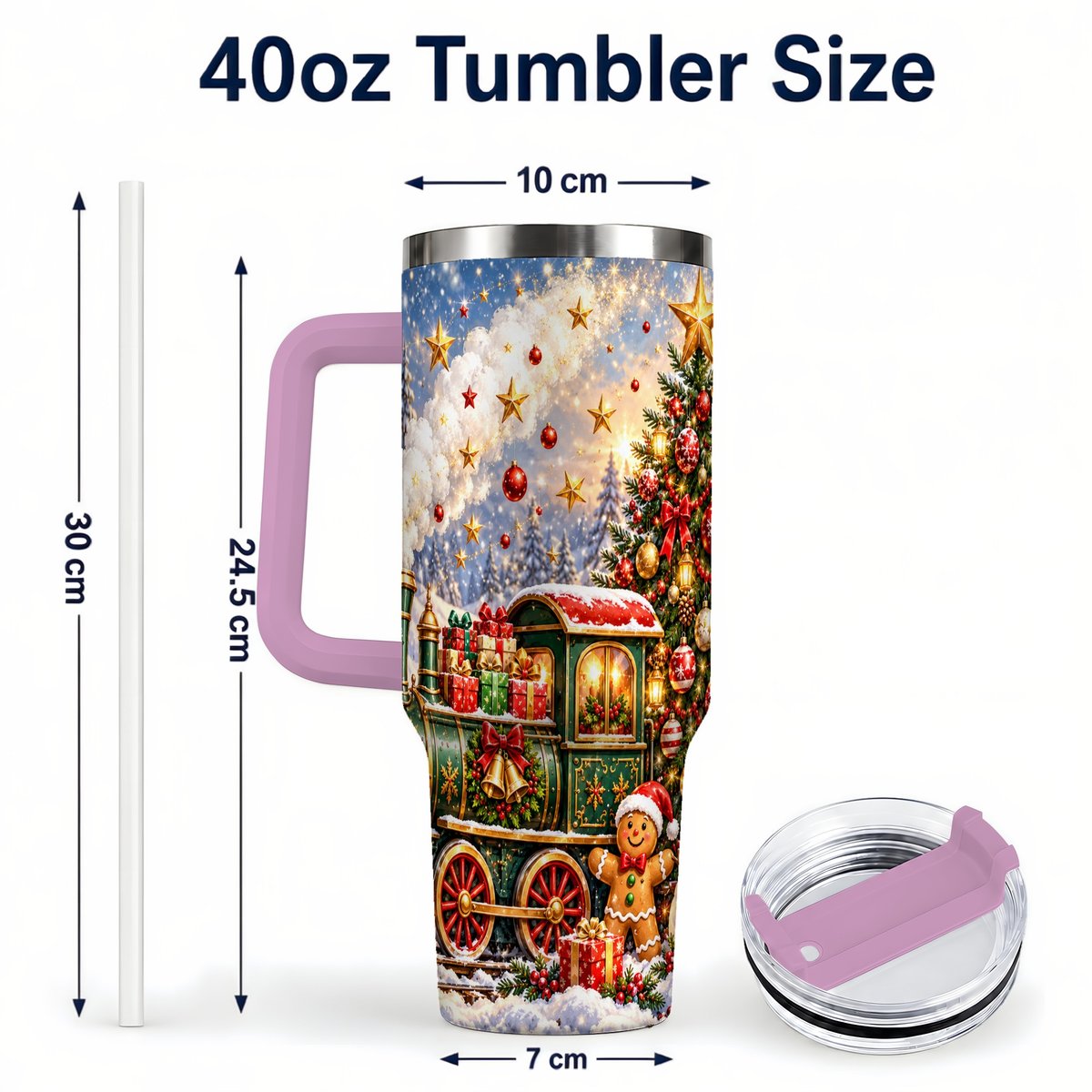 #pl[40oz|Pink] Gingerbread Train 40oz Tumbler with Handle, Festive Winter Art