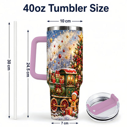 #pl[40oz|Pink] Gingerbread Train 40oz Tumbler with Handle, Festive Winter Art