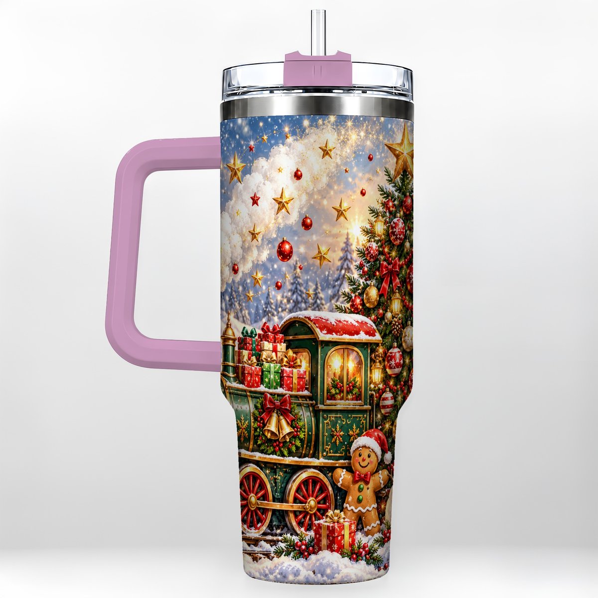 #pl[40oz|Pink] Gingerbread Train 40oz Tumbler with Handle, Festive Winter Art