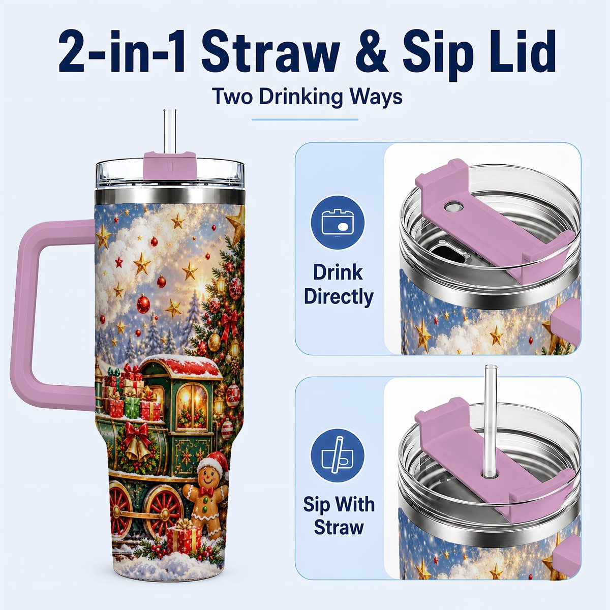 #pl[40oz|Pink] Gingerbread Train 40oz Tumbler with Handle, Festive Winter Art