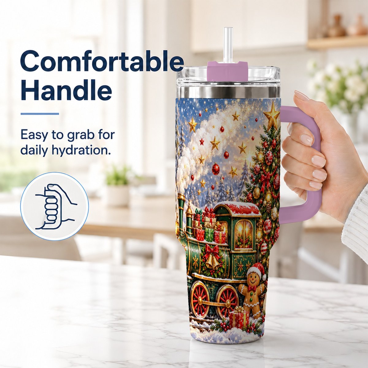 #pl[40oz|Pink] Gingerbread Train 40oz Tumbler with Handle, Festive Winter Art