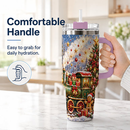 #pl[40oz|Pink] Gingerbread Train 40oz Tumbler with Handle, Festive Winter Art