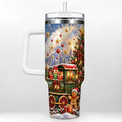 Gingerbread Train 40oz Tumbler with Handle, Festive Winter Art