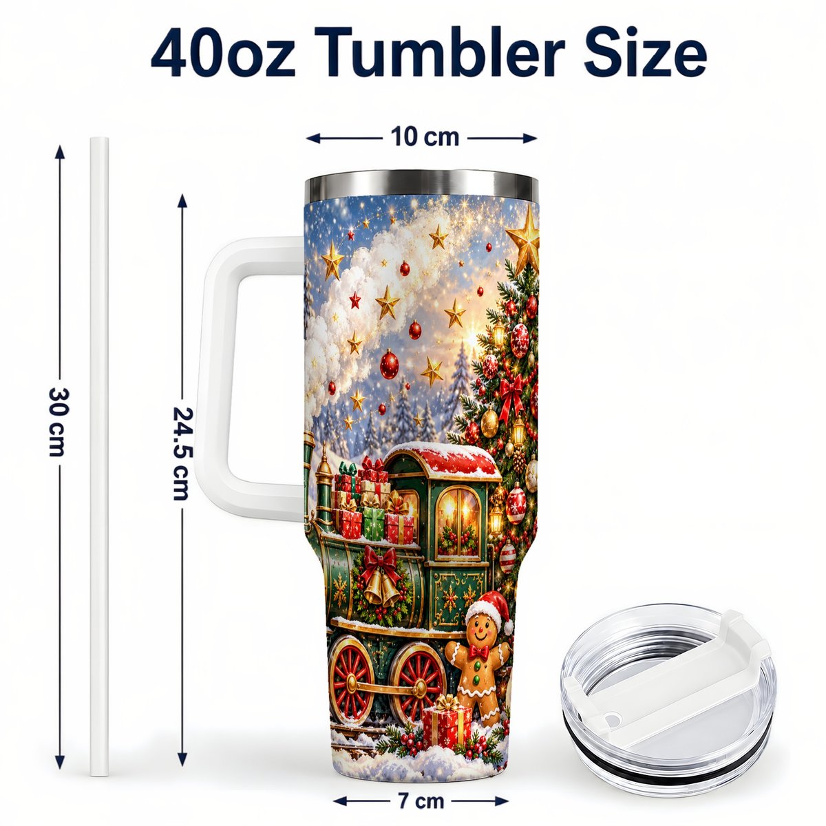 #pl[40oz|White] Gingerbread Train 40oz Tumbler with Handle, Festive Winter Art