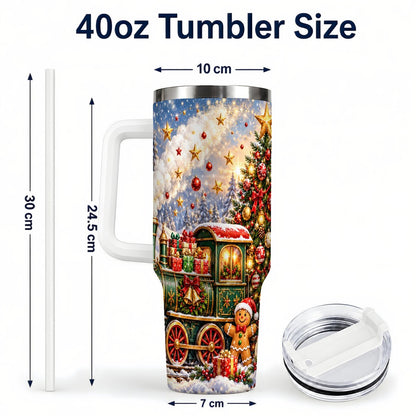#pl[40oz|White] Gingerbread Train 40oz Tumbler with Handle, Festive Winter Art