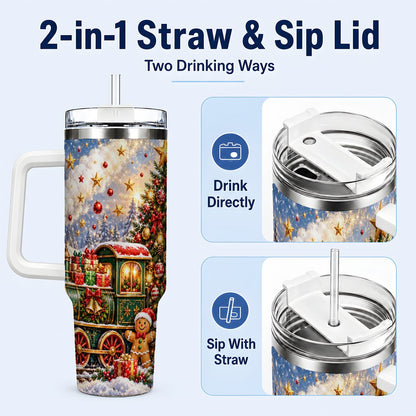 #pl[40oz|White] Gingerbread Train 40oz Tumbler with Handle, Festive Winter Art