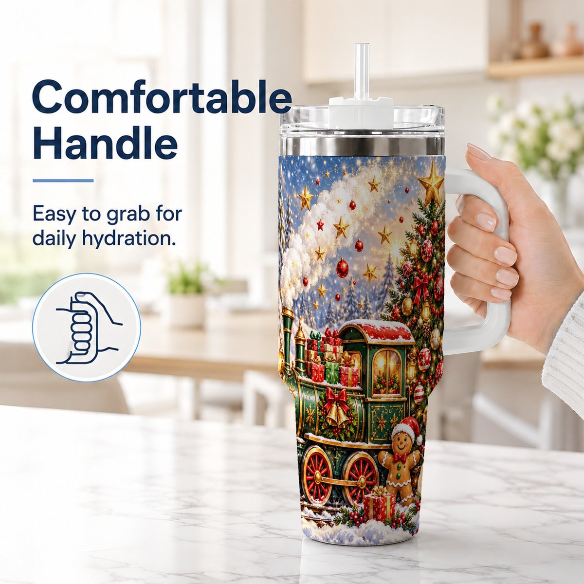 #pl[40oz|White] Gingerbread Train 40oz Tumbler with Handle, Festive Winter Art